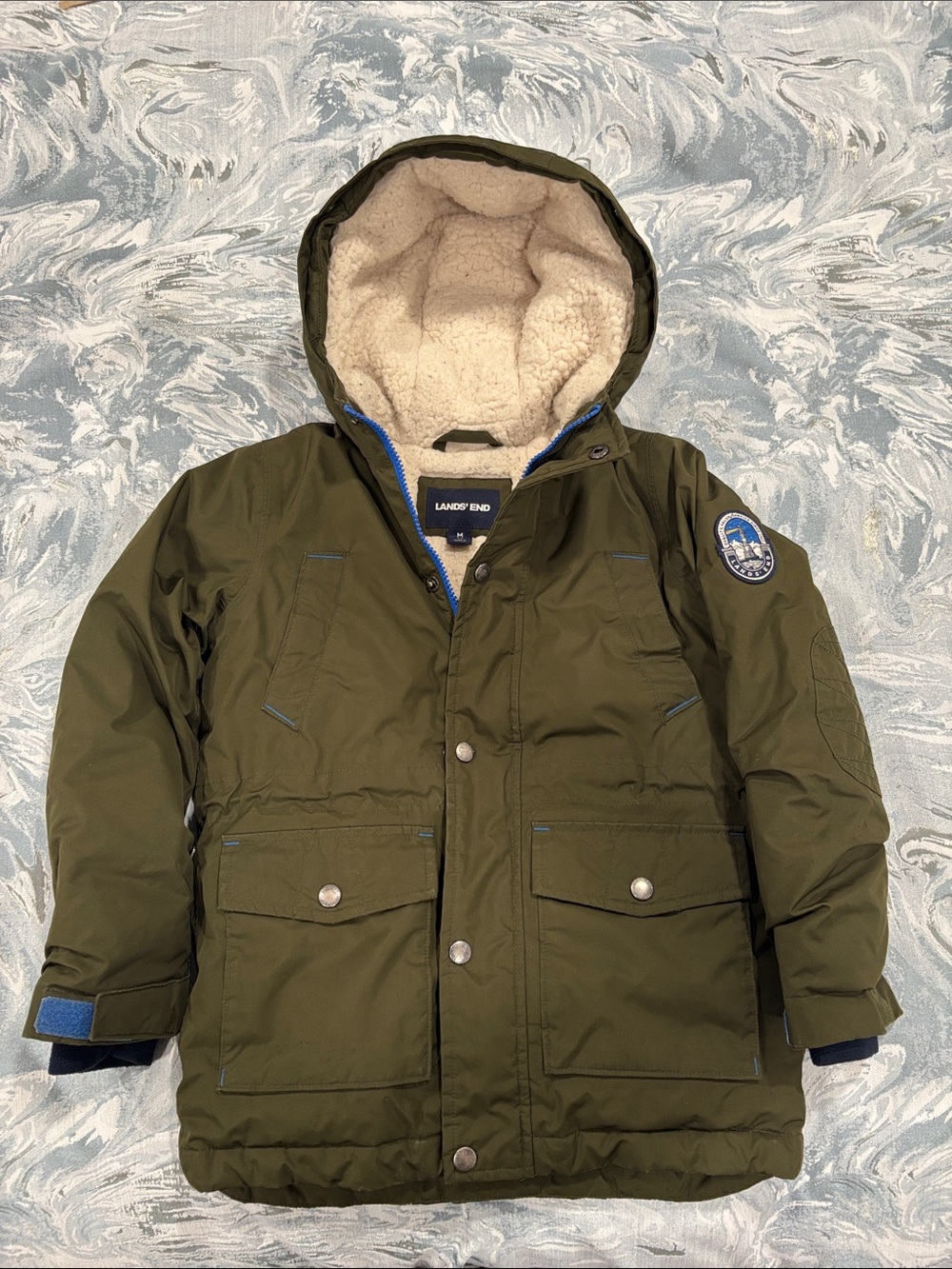 Lands' End Olive Green Kids Sherpa-Lined Hooded Puffer